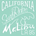 T-shirt Printing design, typography graphics Summer vector illustration Badge Applique Label California Malibu beach surf riders Royalty Free Stock Photo