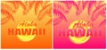 T-shirt prints with Aloha Hawaii lettering, sun and orange and pink palm leaves on hot summery background Royalty Free Stock Photo