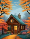 T-shirt prints design of a cute and cozy cabin in woods surrounded by autumn blossoms tree and flowers, fantasy art, 8k