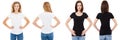 T-shirt set. Front and back view Brunette and Blonde in white and black t shirt isolated. Two girl in blank shirt, Mock up,