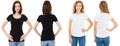 T-shirt set. Front and back view Brunette and Blonde in white and black t shirt isolated. Two girl in blank shirt, Mock up,