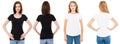 T-shirt set. Front and back view Brunette and Blonde in white and black t shirt isolated. Two girl in blank shirt, Mock up,