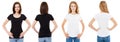 T-shirt set. Front and back view Brunette and Blonde in white and black t shirt isolated. Two girl in blank shirt, Mock up,