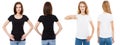 T-shirt set. Front and back view Brunette and Blonde in white and black t shirt isolated. Two girl in blank shirt, Mock up, Royalty Free Stock Photo