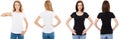 T-shirt set. Front and back view Brunette and Blonde in white and black t shirt isolated. Two girl in blank shirt, Mock up