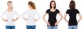 T-shirt set. Front and back view Brunette and Blonde in white and black t shirt isolated. Two girl in blank shirt, Mock up,