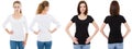 T-shirt set. Front and back view Brunette and Blonde in white and black t shirt isolated. Two girl in blank shirt, Mock up,