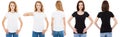 T-shirt set. Front and back view Brunette and Blonde in white and black t shirt isolated. Two girl in blank shirt, Mock up