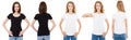 T-shirt set. Front and back view Brunette and Blonde in white and black t shirt isolated. Two girl in blank shirt, Mock up,