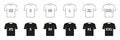T-shirt Size Black Silhouette and Line Icons Set. Human Clothing Size Label. Man or Woman T-Shirt Size Tag. Isolated Royalty Free Stock Photo