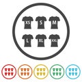 T-shirt size icons in color circle buttons