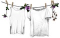 T-shirt and sleeveless t-shirt hanging on linen rope on wooden clothespins