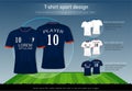 T-shirt sport design for football club on soccer playing field background, Front and back view jersey shirt uniform.