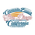 T-shirt surfing in San Diego, California. Retro design