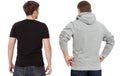 T shirt and sweatshirt template. Men in black tshirt and in grey hoody. Back rear view. Mock up isolated on white background. Copy