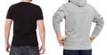 T shirt and sweatshirt template. Men in black tshirt and in grey hoody. Back rear view. Mock up isolated on white background. Copy Royalty Free Stock Photo