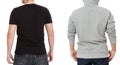 T shirt and sweatshirt template. Men in black tshirt and in grey hoody. Back rear view. Mock up isolated on white background. Copy Royalty Free Stock Photo