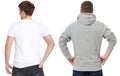 T shirt and sweatshirt template. Men in white tshirt and in grey hoody. Back rear view. Mock up isolated on white background. Copy Royalty Free Stock Photo