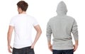 T shirt and sweatshirt template. Men in white tshirt and in grey hoody. Back rear view. Mock up isolated on white background. Copy Royalty Free Stock Photo