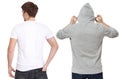 T shirt and sweatshirt template. Men in white tshirt and in grey hoody. Back rear view. Mock up isolated on white background. Copy Royalty Free Stock Photo