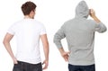 T shirt and sweatshirt template. Men in white tshirt and in grey hoody. Back rear view. Mock up isolated on white background. Copy Royalty Free Stock Photo