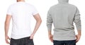 T shirt and sweatshirt template. Men in white tshirt and in grey hoody. Back rear view. Mock up isolated on white background. Copy