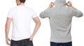 T shirt and sweatshirt template. Men in white tshirt and in grey hoody. Back rear view. Mock up isolated on white background. Copy Royalty Free Stock Photo