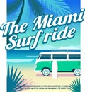 T-shirt typography print or poster Holidays and surf in the ocean palm trees and van with a surfboard, Paradise beach place cool v