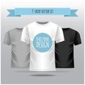 T-shirt vector set. White, grey, black template, front view. Vector realistic mock up