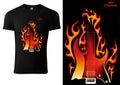 Black T-shirt with Motif of Burning Electric Guitar