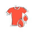 T-shirt washing icon in comic style. Clothes dry cartoon vector illustration on white isolated background. Shirt laundry splash