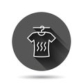 T-shirt washing icon in flat style. Clothes dry vector illustration on black round background with long shadow effect. Shirt