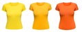 T-shirt yellow women mockup as design template. Female orange Tee Shirt blank isolated on white. Front view.