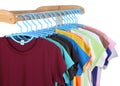 T-shirts hanging on hangers Royalty Free Stock Photo