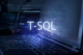 T-SQL inscription against laptop and code background. Learn sql programming language, computer courses, training Royalty Free Stock Photo