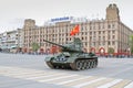 The T-34 tank rides on the square during a dress rehearsal of a military parade in honor of Victory Day in Volgograd Royalty Free Stock Photo