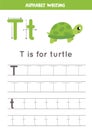 T is for turtle. Tracing English alphabet worksheet. Royalty Free Stock Photo