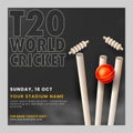T20 World Cricket Match Poster Or Template Design With Realistic Red Ball Hitting Wicket Stump On Black Royalty Free Stock Photo