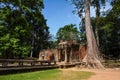 Ta Prohm, part of Khmer temple complex, Asia. Siem Reap, Cambodia. Ancient Khmer architecture in jungle.