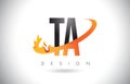 TA T A Letter Logo with Fire Flames Design and Orange Swoosh.