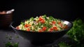 Tabbouleh salad on a black table. Levantine vegetarian salad with couscous in a bowl with parsley, mint, bulgur, tomato