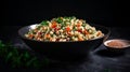 Tabbouleh salad on a black table. Levantine vegetarian salad with couscous in a bowl with parsley, mint, bulgur, tomato