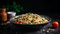 Tabbouleh salad on a black table. Levantine vegetarian salad with couscous in a bowl with parsley, mint, bulgur, tomato