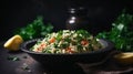 Tabbouleh salad on a black table. Levantine vegetarian salad with couscous in a bowl with parsley, mint, bulgur, tomato
