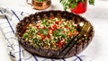 Tabbouleh salad with bulgur in bowl, Middle eastern or arab dishes and assorted meze and snacks tabbouleh vegetable salad