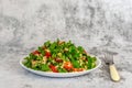 Tabbouleh salad with bulgur, parsley, spring onion and tomato in bowl on grey background. Top view. WIth copy space Royalty Free Stock Photo