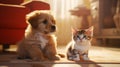 Adorable Kitten And Puppy In Unreal Engine Style - Detailed Illustrations Royalty Free Stock Photo