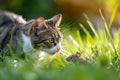 A tabby brown domestic cat sits in the grass and hunts for a mouse. Pet