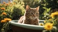 Tabby cat bathing in the sunny garden.