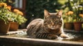 Tabby cat bathing in the sunny garden.